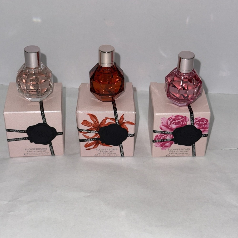 3x Viktor & Rolf Flowerbomb, Pretty Peony, Tiger Lily MINI EDP Gift Set 0.24oz